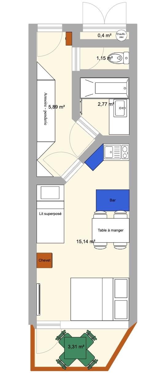 Grundriss des Studios, vom Eingang zum Balkon